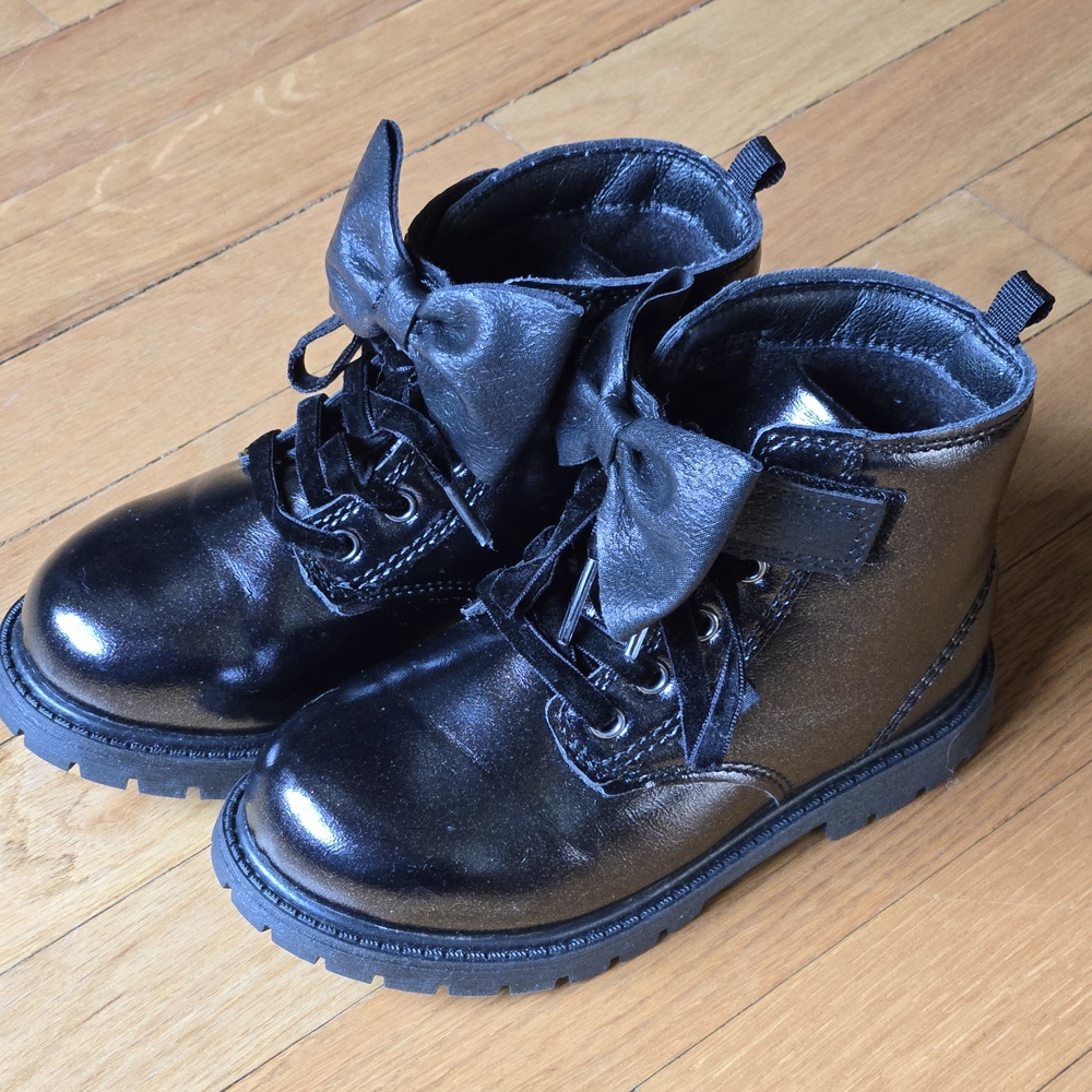 Kids Black Shiny Lace-Up Boots with Bow